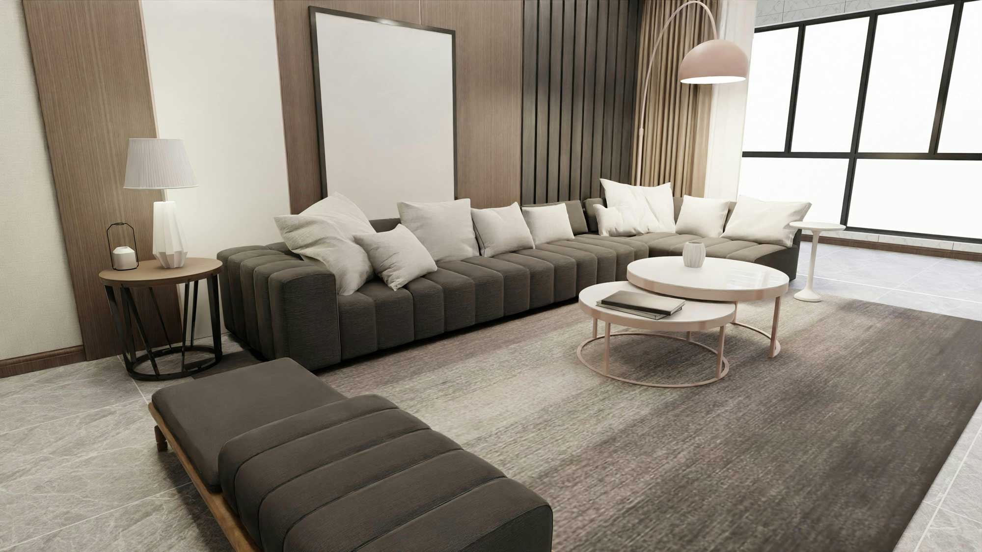 Elegantní obývací nebo čekací prostor s pohovkou, stolky a polštáři.