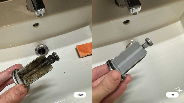 Vyjmutá část odtoku umyvadla před a po důkladném vyčištění