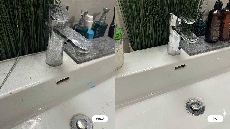 Detail koupelnového umyvadla a vodovodní baterie před a po důkladném vyčištění