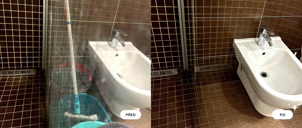 Koupelna se sprchovým koutem a bidetem před a po důkladném vyčištění