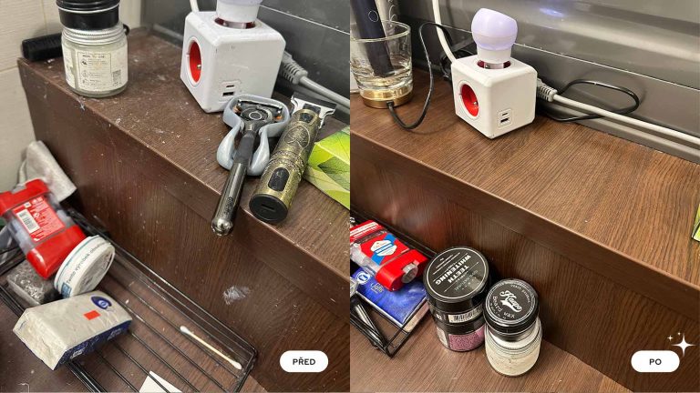 Koupelnová polička před a po vyčištění a uspořádání osobních věcí