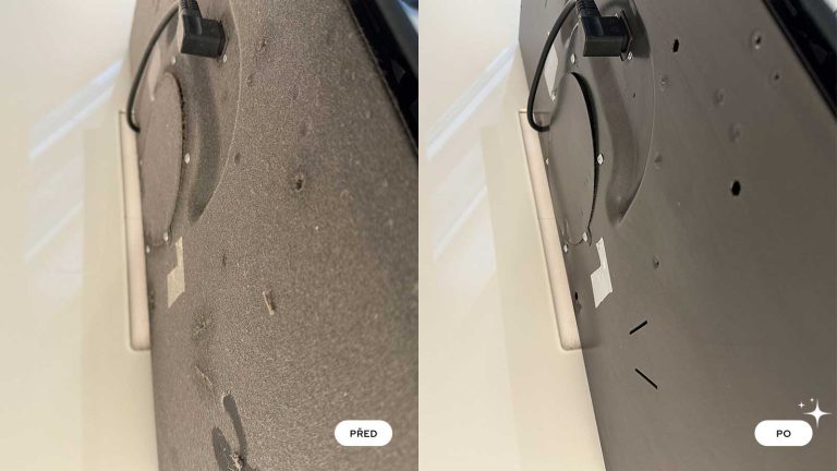 Detail zadní části monitoru před a po důkladném odstranění prachu.