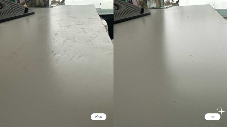 Povrch pracovního stolu před a po důkladném vyčištění a odstranění prachu