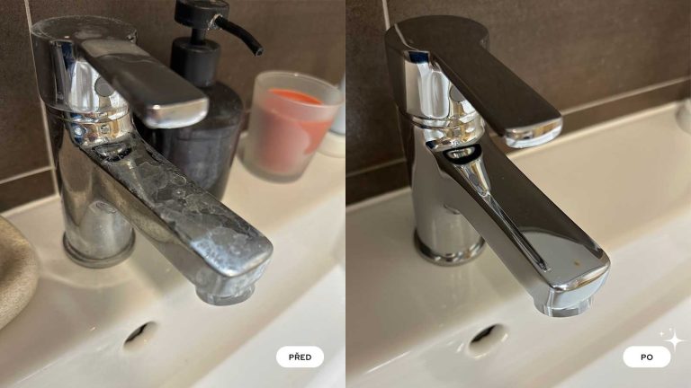Detail umyvadlové baterie před a po důkladném odstranění vodního kamene